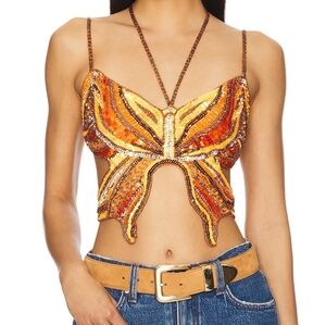 NWT $258 H:OURS HOURS Carola Embellished Top in Orange & Pink Small